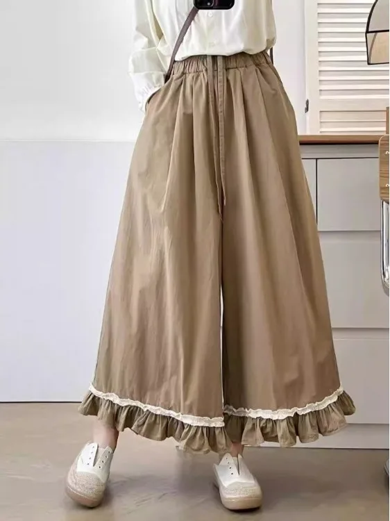 芸術的なプリーツワイドレッグパンツ レディース コットン 花柄プリント カジュアルパンツ ミッドハイウエスト エラスティック コットンリネン