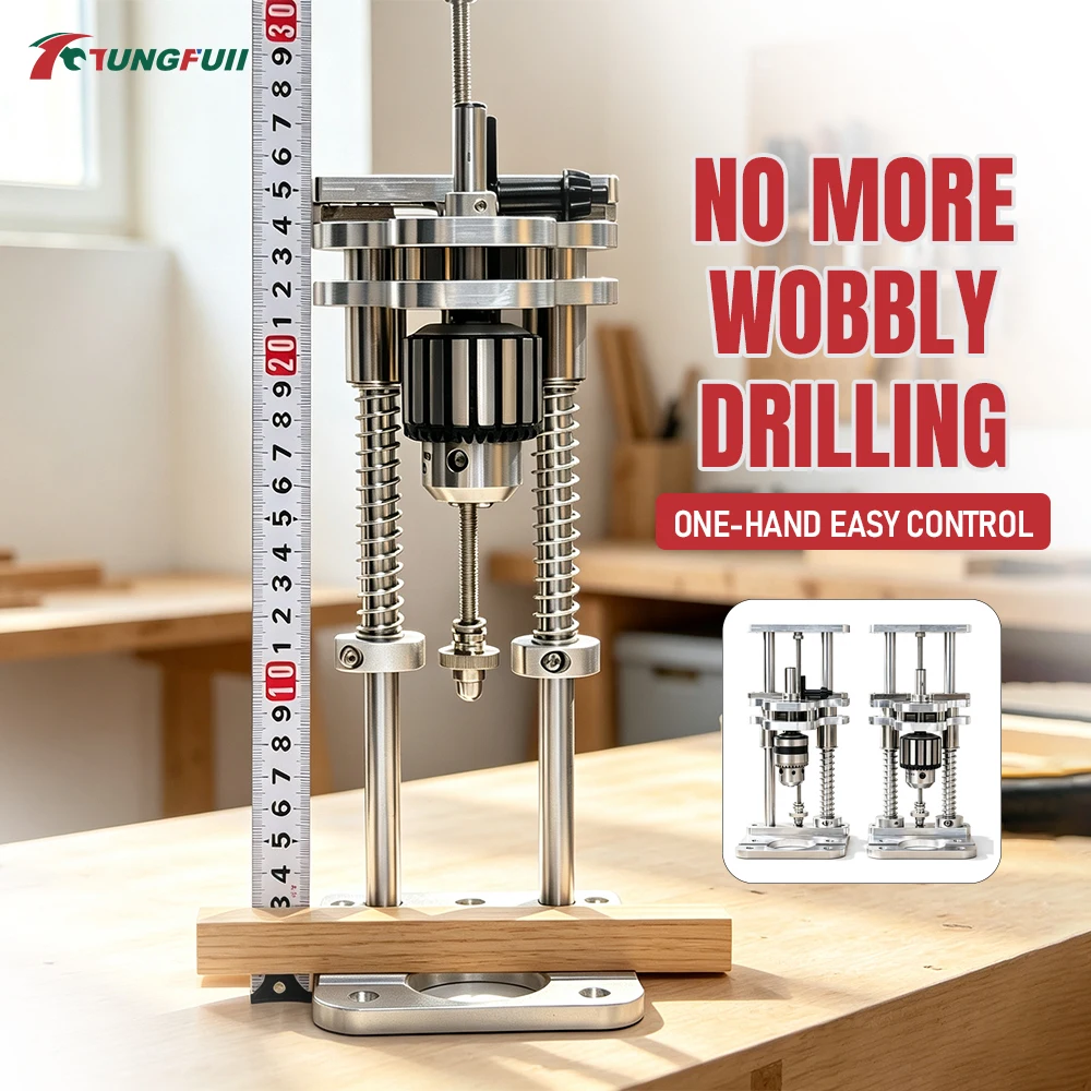 Tungfull Aluminum Vertical Drill Press Stand Precision Straight Drilling Guide Bracket with Spring Buffer for DIY Woodworking