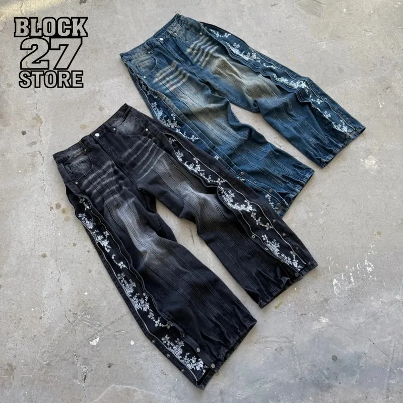 

Мужские джинсы Harajuku Y2K, уличная одежда, джинсовые брюки на молнии с цветочной вышивкой по бокам, ретро стираные тяжелые мешковатые широкие брюки, готические новые