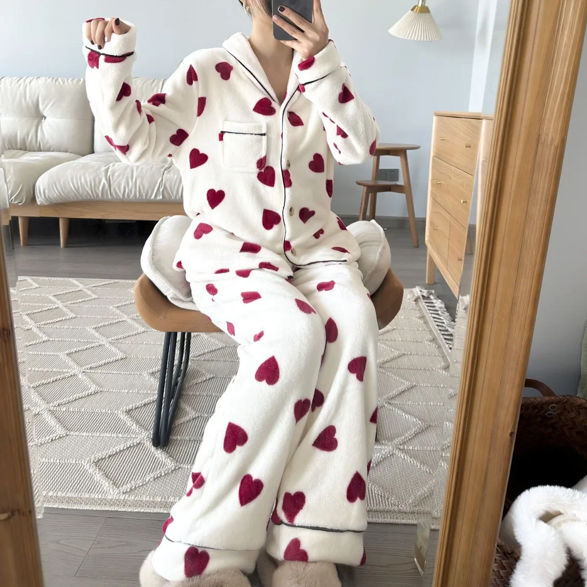 Autumn Winter Thick Pajamas Set for Womens 2 Piece Heart Flannel Soft Homewear Button Down Long Sleeve Loungewear Pjs Sleepwear