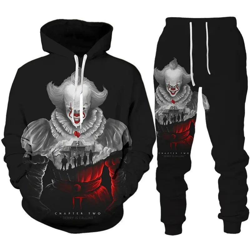 2023 Autumn Winter Men\'s Hoodies Tracksuit Set Horror Movie Clown 3D Print Fashion Hoodie Pants Suit Funny Unisex Pullover Sets