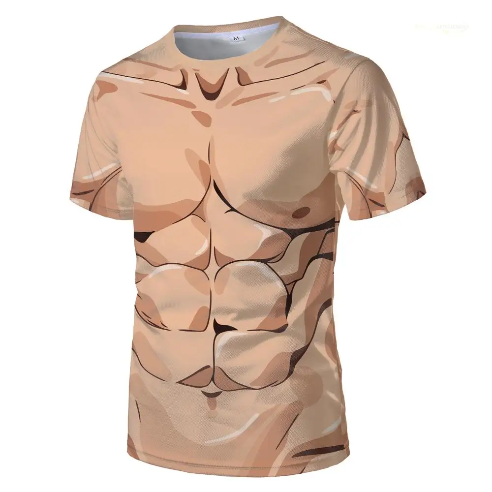 New 3D Fake Abdominal Muscles Funny T-shirt Daily Outdoor Street Fun Short-sleeved Men's Halloween Role-playing Round Neck Top