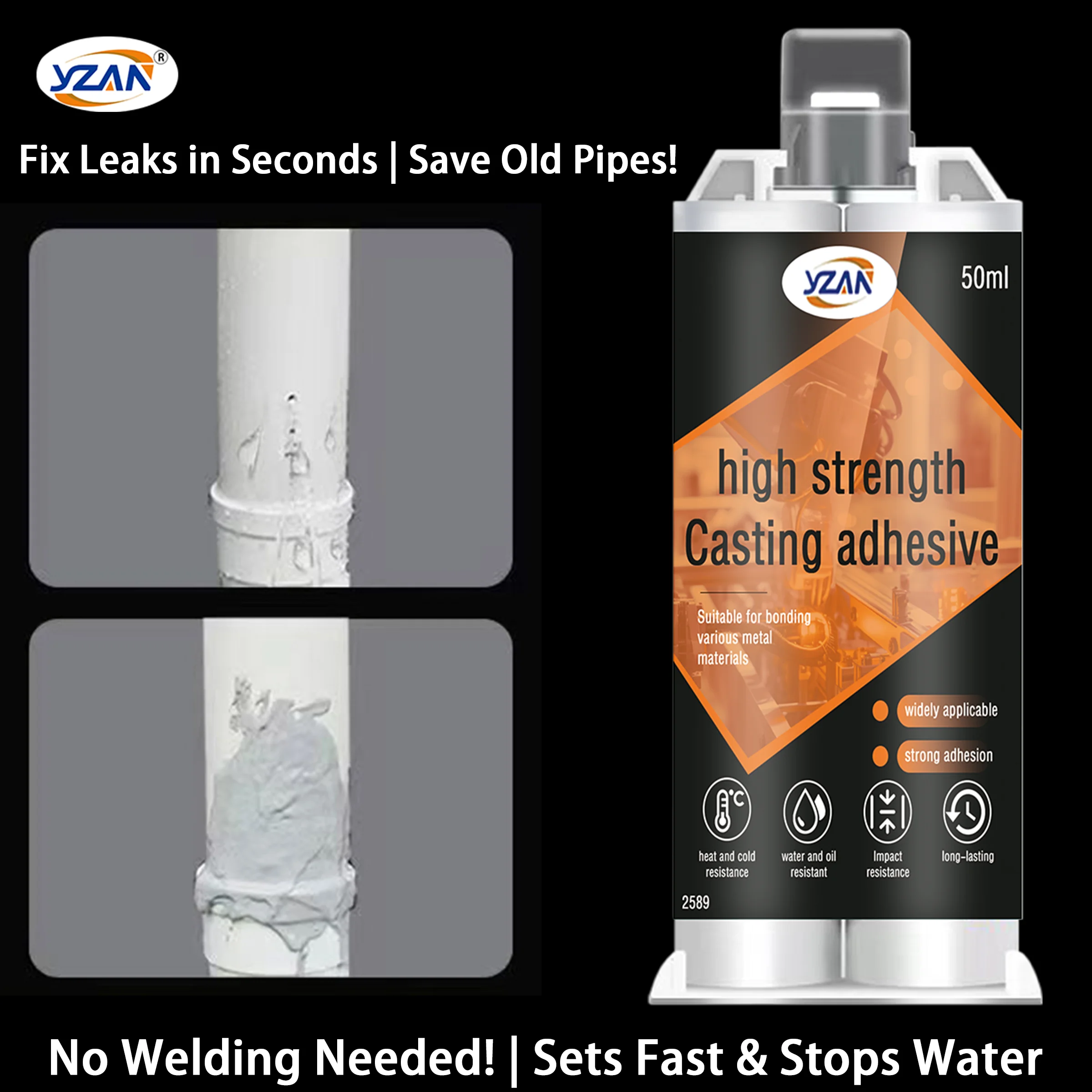 50ML Cold Welding Glue Metal Repair Glue Heat-resistant AB Sealant High-strength Magic Plastic Repair Casting Adhesive Epoxy Resin Includes mixing tools.
