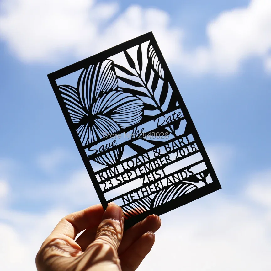 

Laser cut frangipani & palm TROPICAL save the date wholesale laser cutting wedding invitation cards