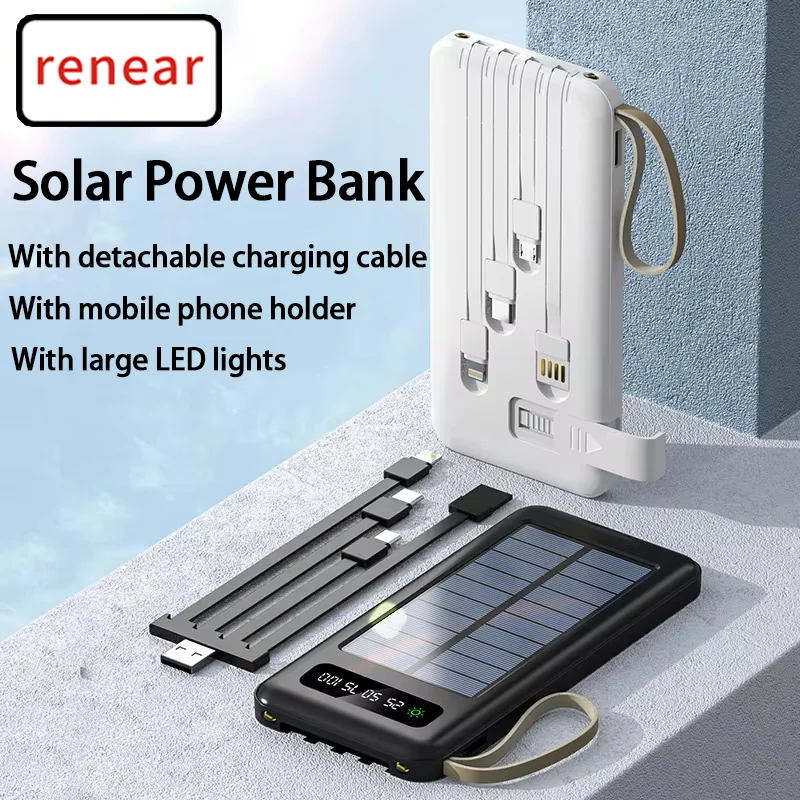 

Solar Power Bank Outdoor 10000mAh Super Large Capacity with LED Detachable Charging Cable Suitable for Camping Phone Charging