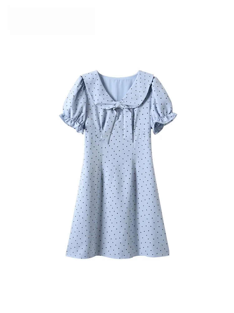 

Summer New plus Size Polka Dot Short Sleeve Dress Women's Sweet Style A-Line Skirt Knot Polyester Fiber Thinming