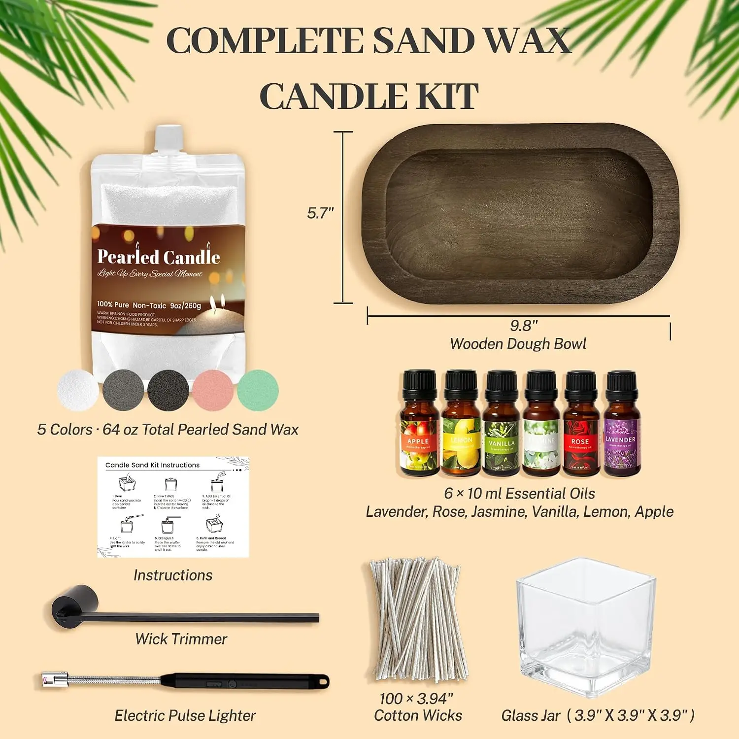 64 Oz Pearled Candle Sand with Wicks - 4 Lb Colorful Sand Candle Kit with Wooden Dough Bowl & Fragrance Oils - DIY Refillable Pearled Candle for Home Decor