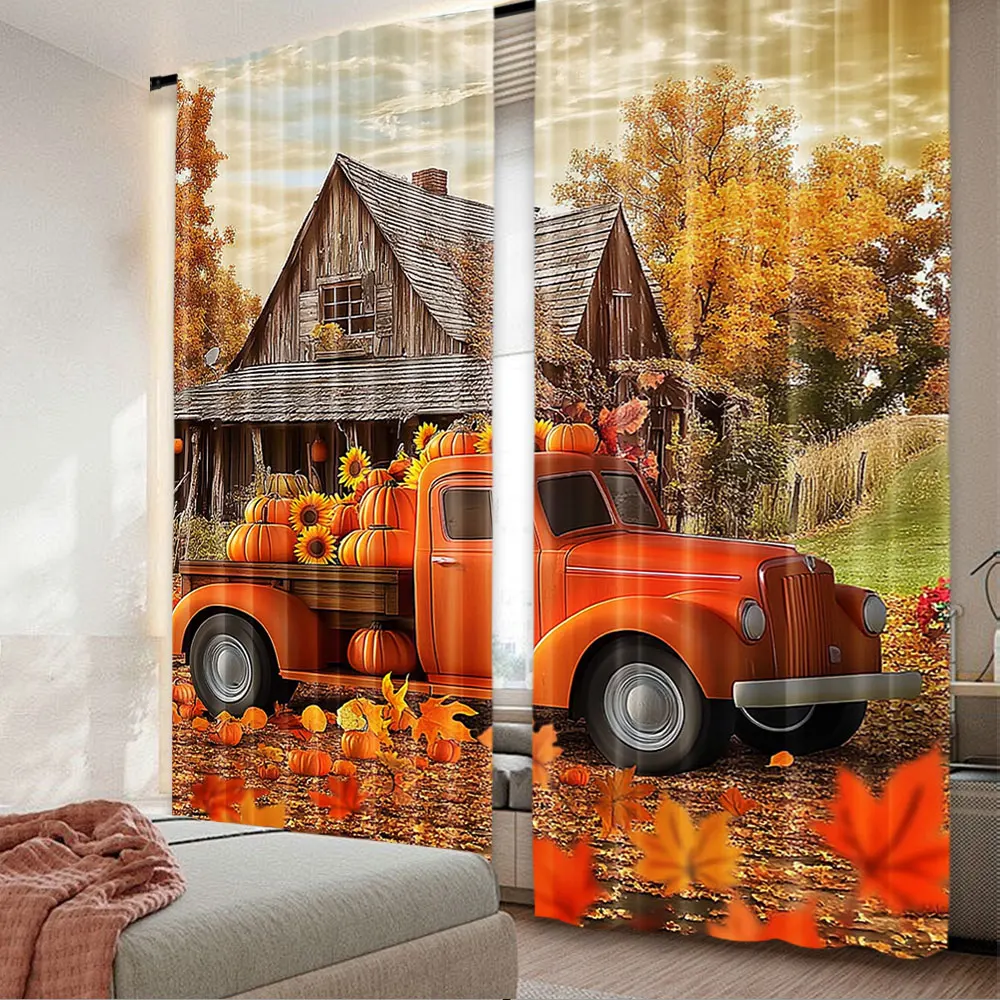 2Pcs Fall Autumn Farm Thanksgiving Harvest Curtain Wooden House Truck Pumpkin Sunflower Holiday Party Decoration