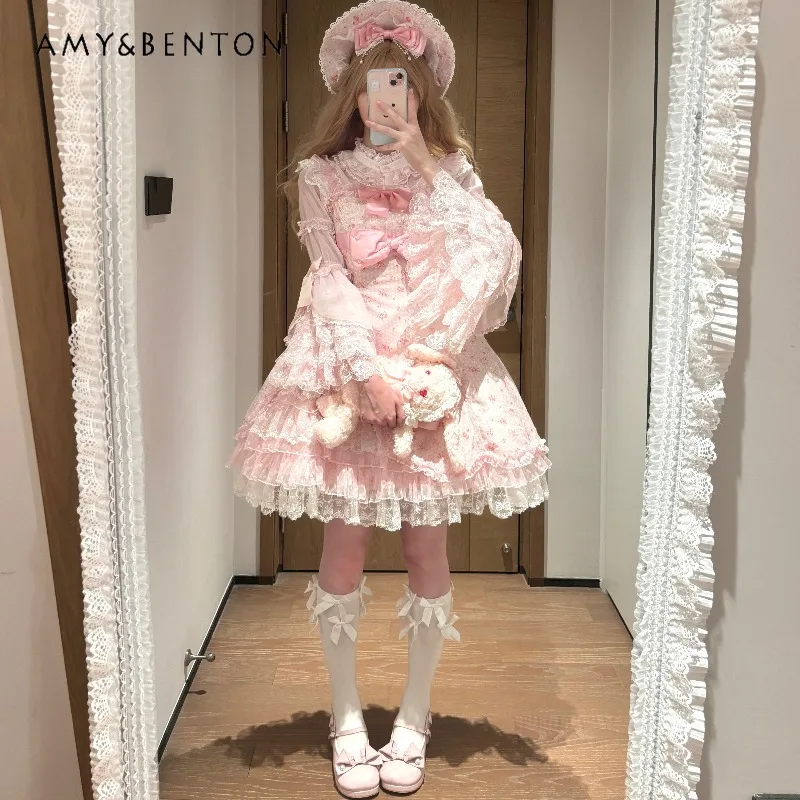 ชุดเดรสสไตล์โลลิต้าลายดอกไม้หวานๆ แบบ JSK สำหรับผู้หญิง ชุดเดรสเจ้าหญิงน่ารักสำหรับงานวันเกิด พร้อมโบว์น่ารัก ทรงเข้ารูป ผ้าตาข่ายพองๆ