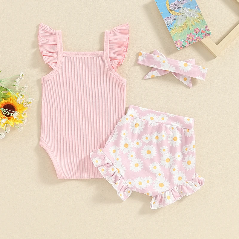 

Baby Girl Summer Clothes Ribbed Knit Flying Sleeve Romper Floral Print Shorts Headband 3Pcs Newborn Summer Outfits