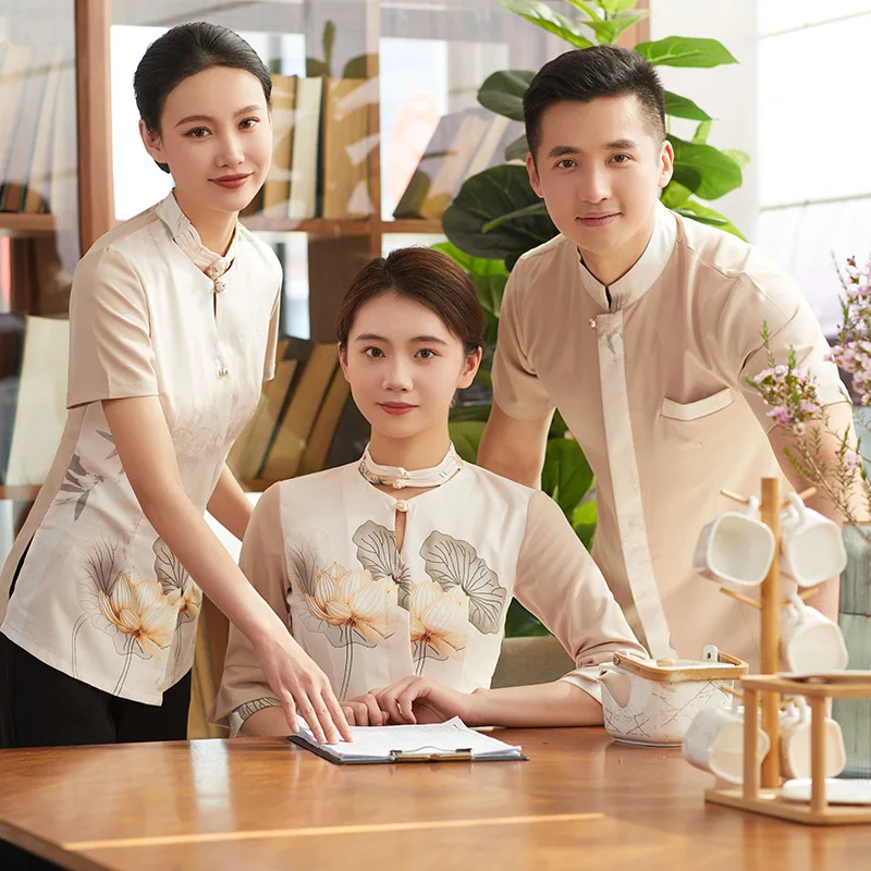 ウェルカム受付作業服半袖レストランホテル宴会ロビーレセプションエチケットロングドレス女性作業服