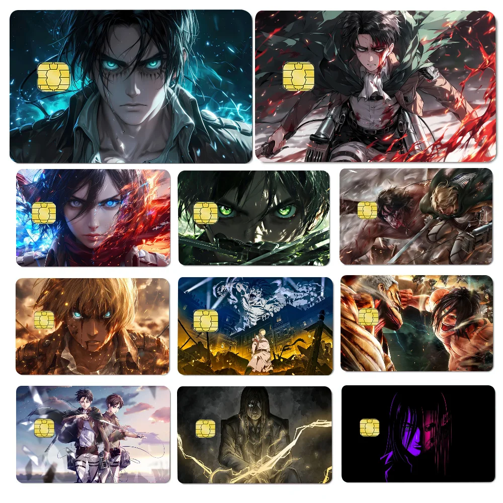 Calcomanía adhesiva de Anime Attack on Titan, 4 Uds., pegatinas de pieles de tarjetas de crédito de PVC, película protectora autoadhesiva extraíble