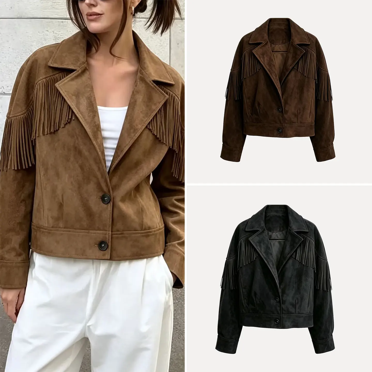 Women's Casual Style Long Sleeve Turn-down Collar Tassel Decorated Jacket Versatile Outerwear for Summer 2026 Quality Effect