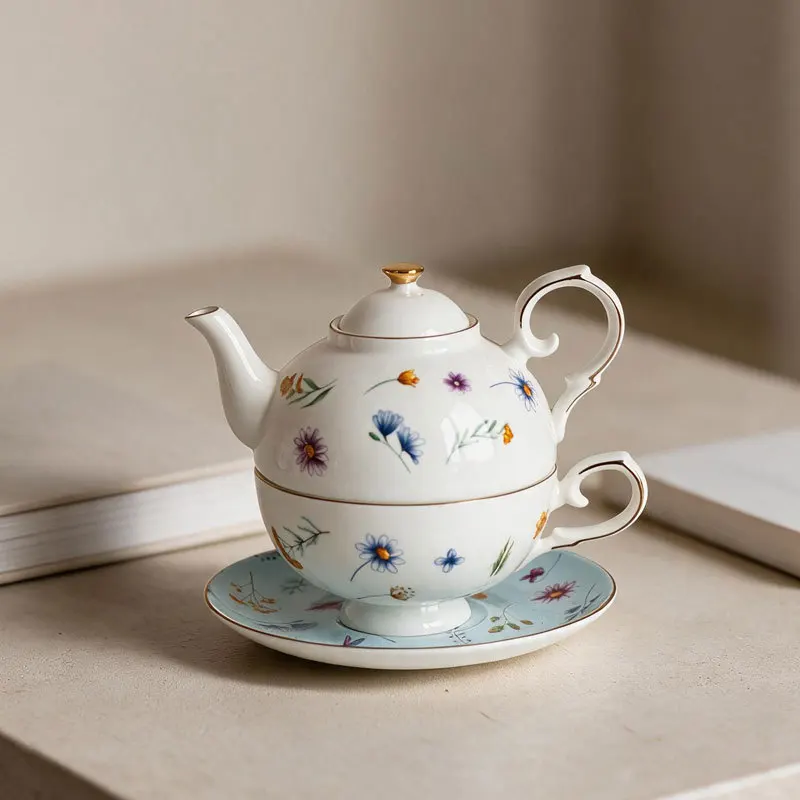 Creative Floral Pattern Bone China Teacup and Teapot Household Single-Person Tea Set Exquisite Porcelain Coffee and Beverage Cup