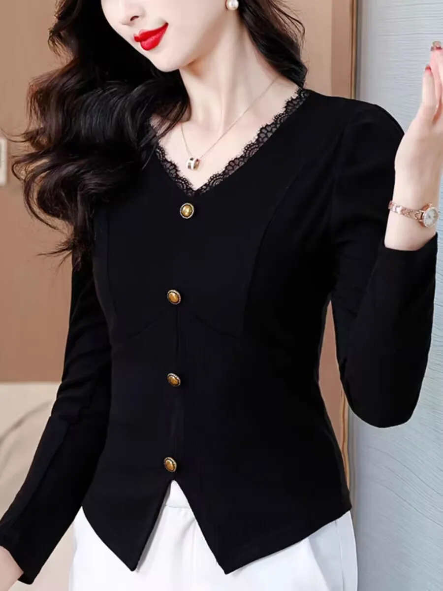 2025 สไตล์ฝรั่งเศส Elegant ฤดูใบไม้ผลิฤดูร้อนผู้หญิงหญิงตัด V คอปุ่มแยก Hem ลูกไม้เสื้อสเวตเตอร์ถักสํานักงาน