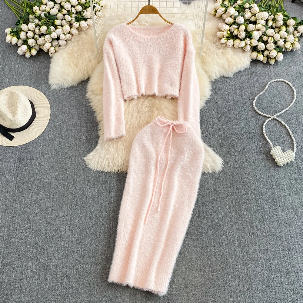 Elegant Women Faux Mink Skirt Suit Solid Fluffy Warm Soft Pullover Short Shirts+High Waist Bow Sheath Hips Skirts Two Pieces Set