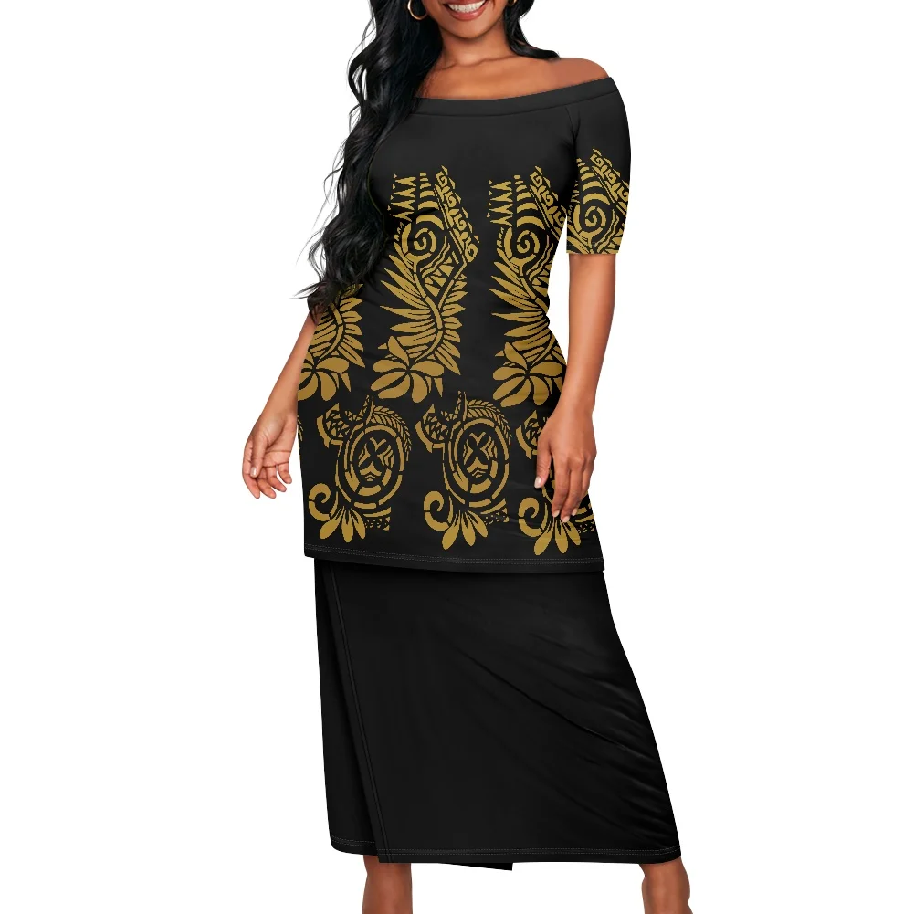 Elegant Lady Off-The-Shoulder Short-Sleeved Long Dress Polynesian Samoan Island Design Art Print Puletasi Dress Two-Piece Set