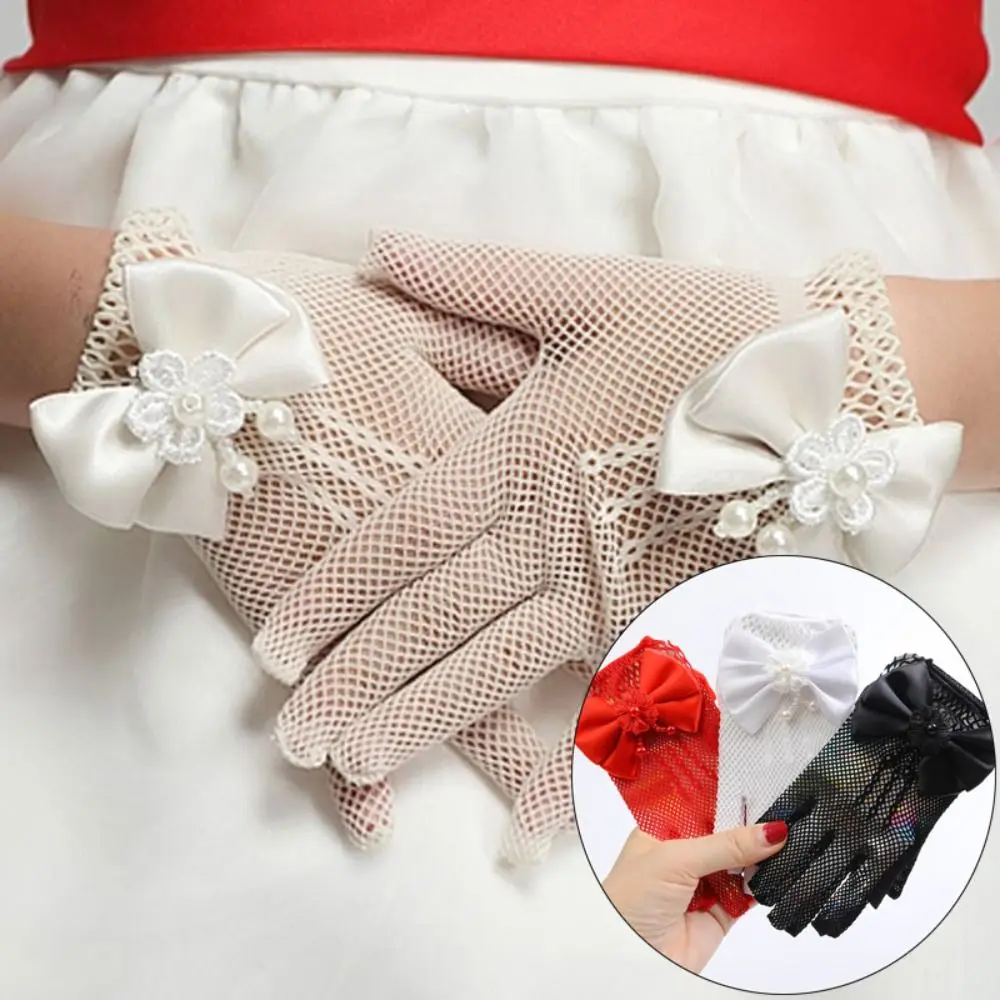 Bow Short Lace Mesh Gloves Elegant Children's Wedding Gloves Holiday Princess Wedding Birthday Party Gloves