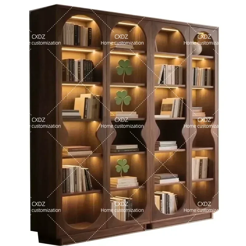 New Chinese Style Black Walnut Bookcase Large Living Room Wall Storage Cabinet Floor Standing Bookshelf Display Shelf