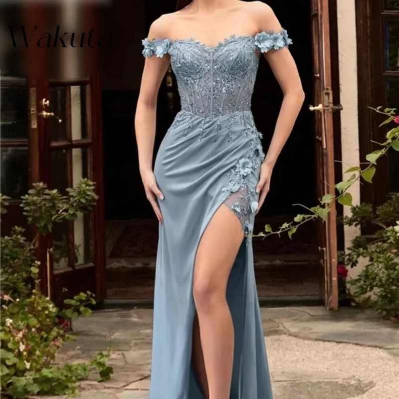 Wakuta Sexy Strapless Women\'s Satin Ball Dress Lace Inlaid High Slit Maxi Formal Evening Vestidos De Graduación فستان سهرة 2024