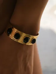 Black agate wide open cuff bangles for women stainless steel bangles vintage designer stainless steel jewelry for 2023