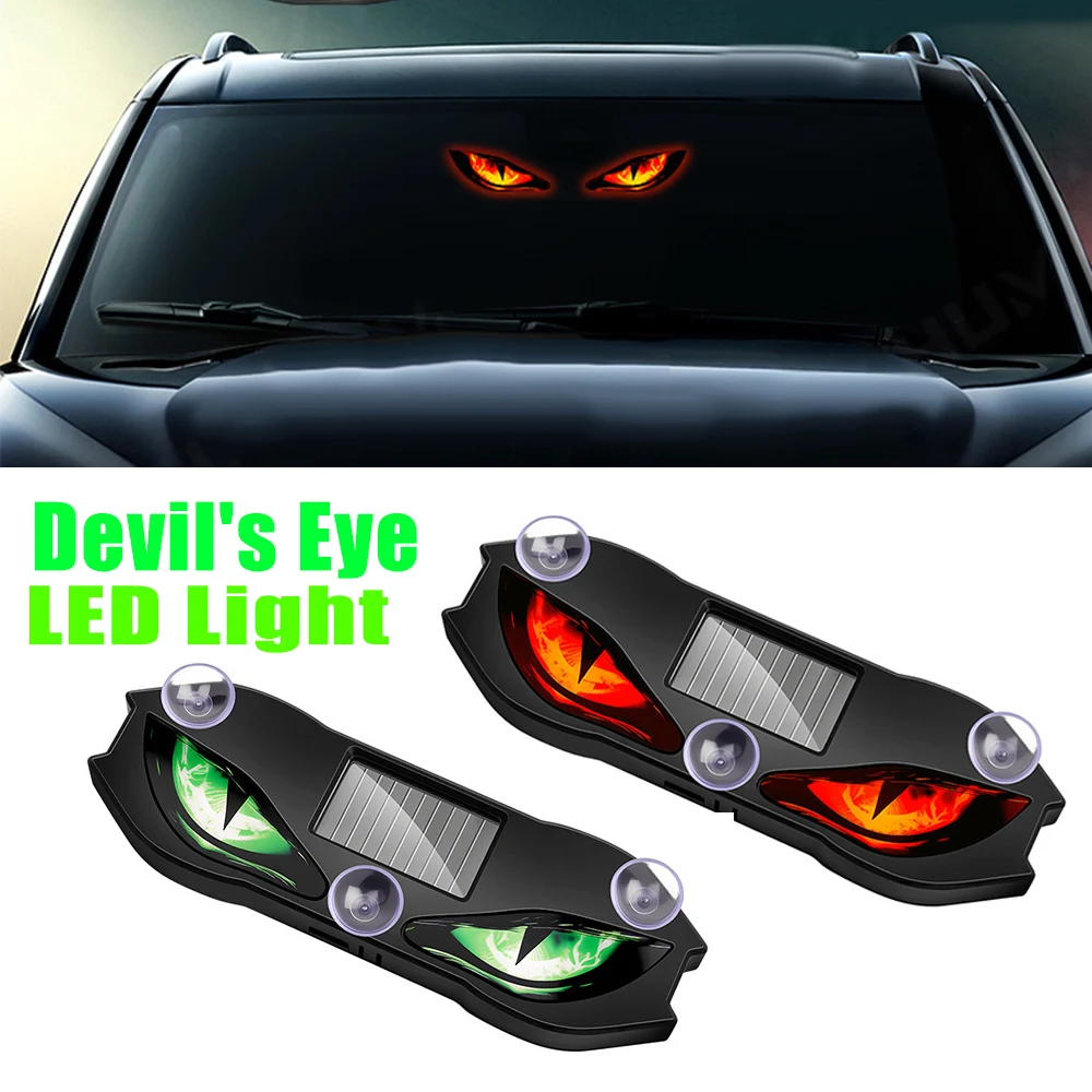 Solar Car LED Dynamic Devil Eye Expression Warning Light Truck Suction Cup No Wiring Automotive Accessory