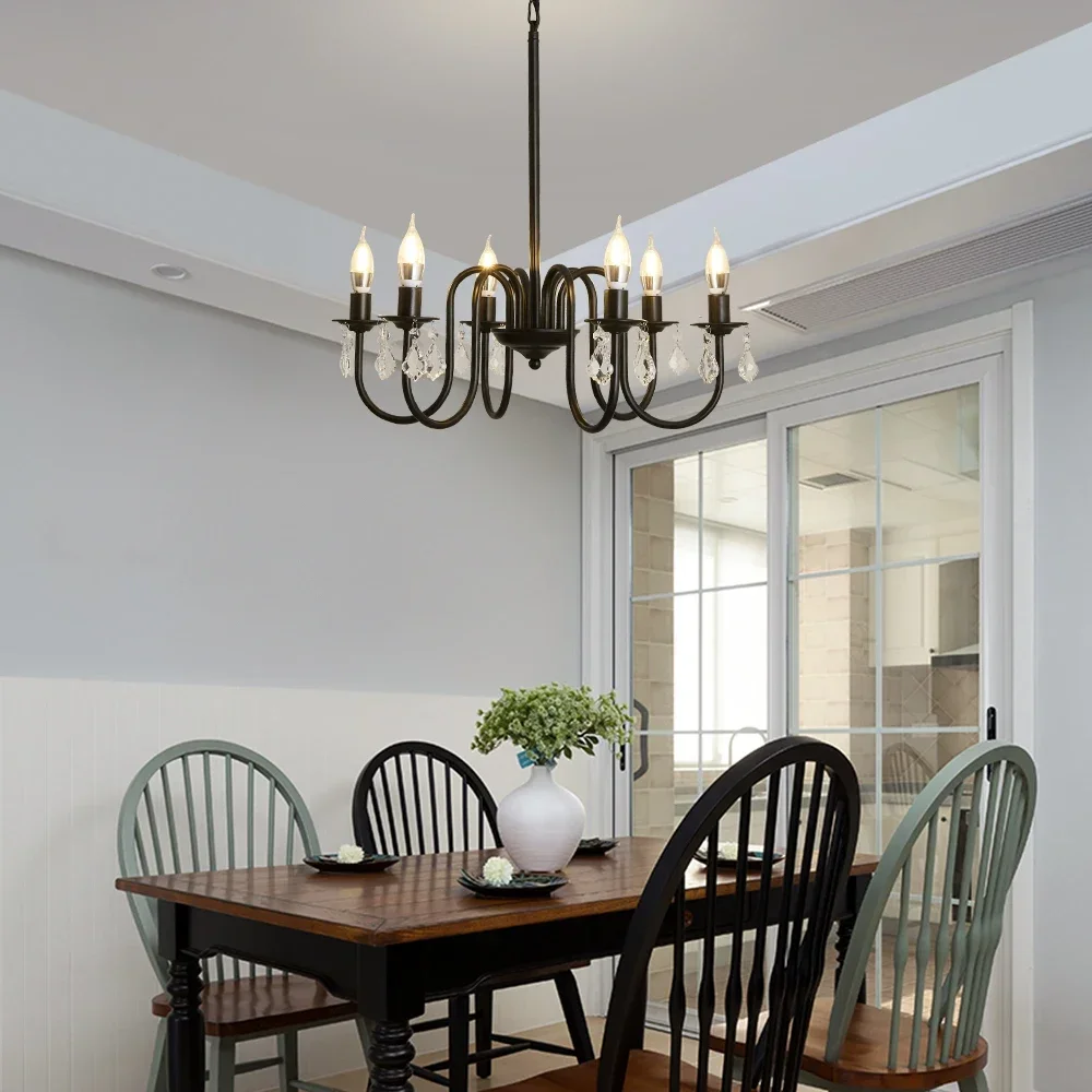 

Vintage Ceiling Chandelier Iron Crystal LED Hanging Light Candle Pendant Lamp E14 Lustre Home Kitchen Living Room Hotel Lights