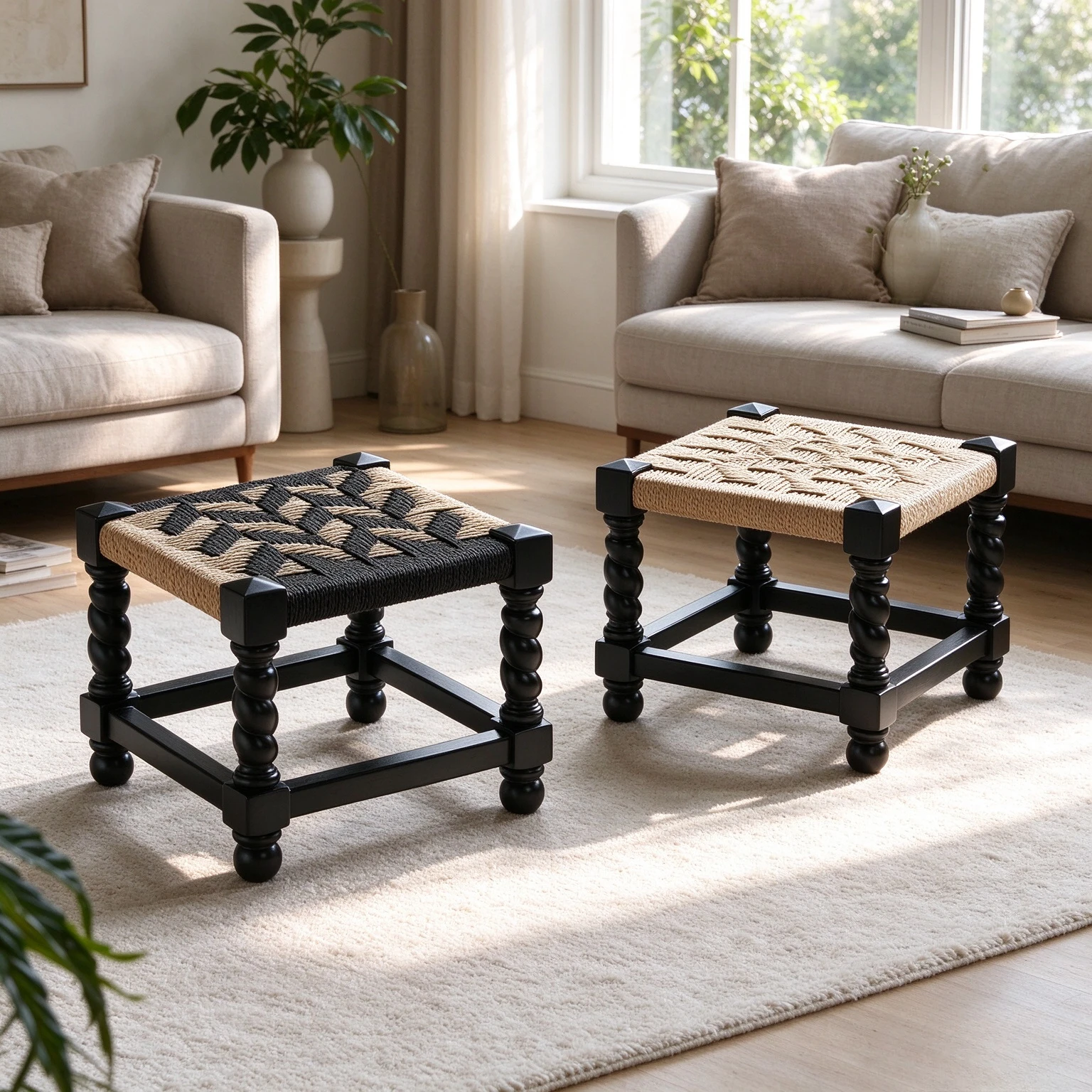 Woven Square Entryway Stool, Mid Century Shoe Changing Bench, Ottoman Accent Seat for Living Room, Hallway and Small Apartment
