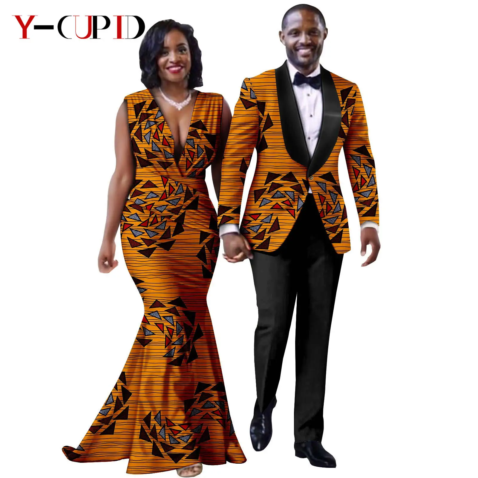 African Print Long Mermaid Dresses for Women Matching Couple Clothes Men Suits Top and Pant Sets Dashiki Party Wedding 25C005