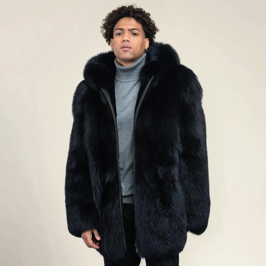 Men Black Real Fox Fur Coat Hooded Jacket Fashion Causal Real Fur Thick Outwear Winter Natural Fox Fur Warm Overcoat for Man