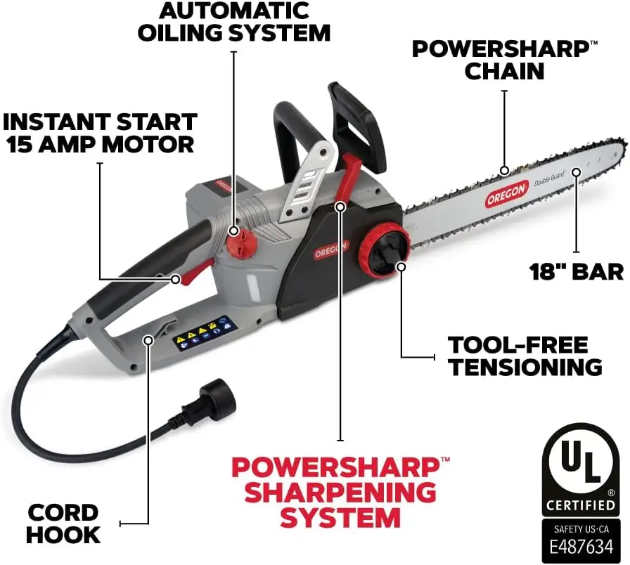 CS1500 18-inch 15 Amp Self-Sharpening Corded Electric Chainsaw, with Integrated Self-Sharpening System (PowerSharp