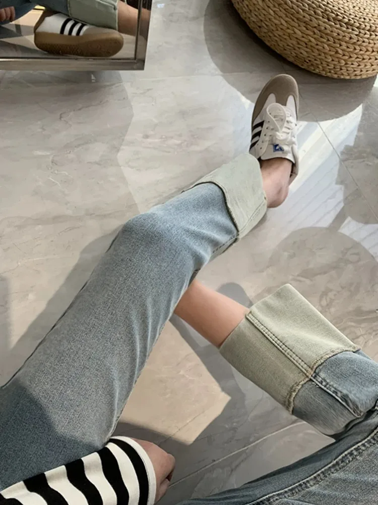 Missing Blue Slim Fit Straight Leg Jeans Elastic Splice Nine Points Flip  Jeans Casual Female Jeans Spring Autumn Winter