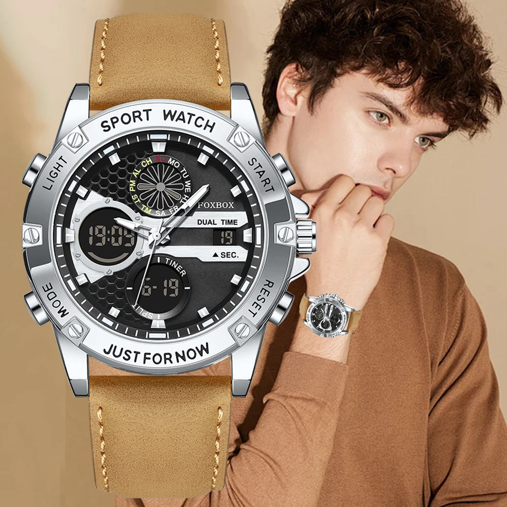 New LIGE Electronic Watches for Men Leather Men Military Sport Waterproof Dual Display Watch Quartz WristWatch Chronograph Clock