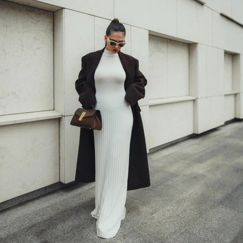 Elegant Sleeveless Knitted Long Dress Casual Curvy Pleated Burgundy White Dresses Street Party New Commute Basic Office Lady New