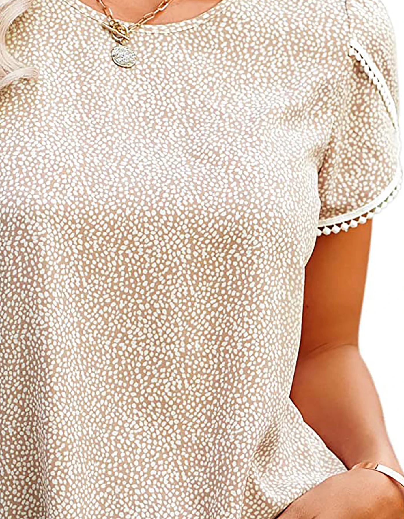 Women Summer Lace Patchwork Short Sleeve Polka Dot O-Neck Elegant T-shirt Casual Fashion Pullover Female Tops