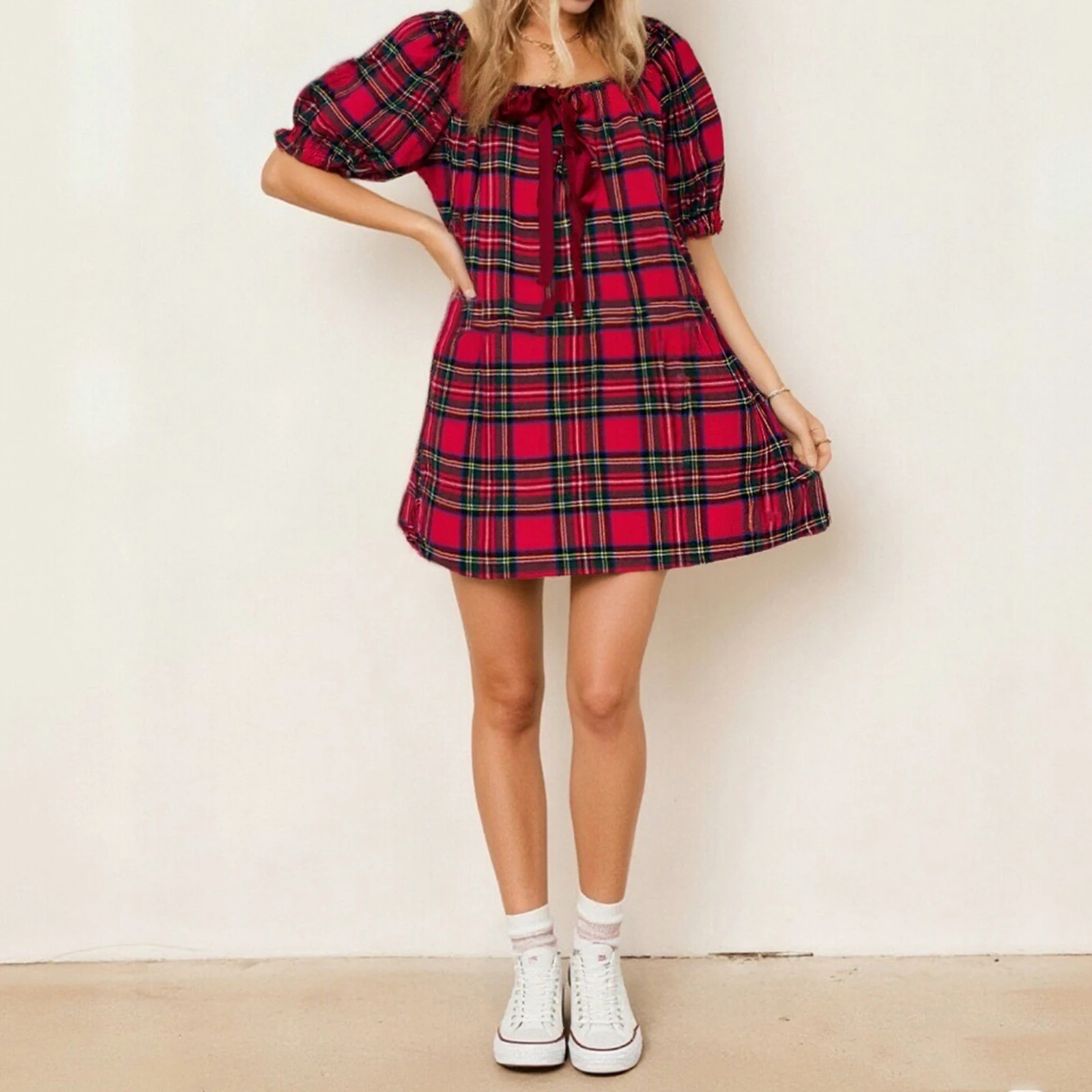 Vrouwen Y2K Plaid Cami Jurk Half Bladerdeeg Mouw Vierkante Hals Geruite Strikje Loose Fit Babydoll Uitgaan Mini Jurk