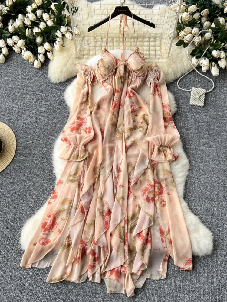 Women Sexy Floral Beach Dress Summer Pleated Hanging Neck High Waist Irregular Ruffled Print Chiffon Dresses Ladies Long Robe