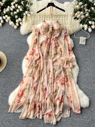 Women Sexy Floral Beach Dress Summer Pleated Hanging Neck High Waist Irregular Ruffled Print Chiffon Dresses Ladies Long Robe