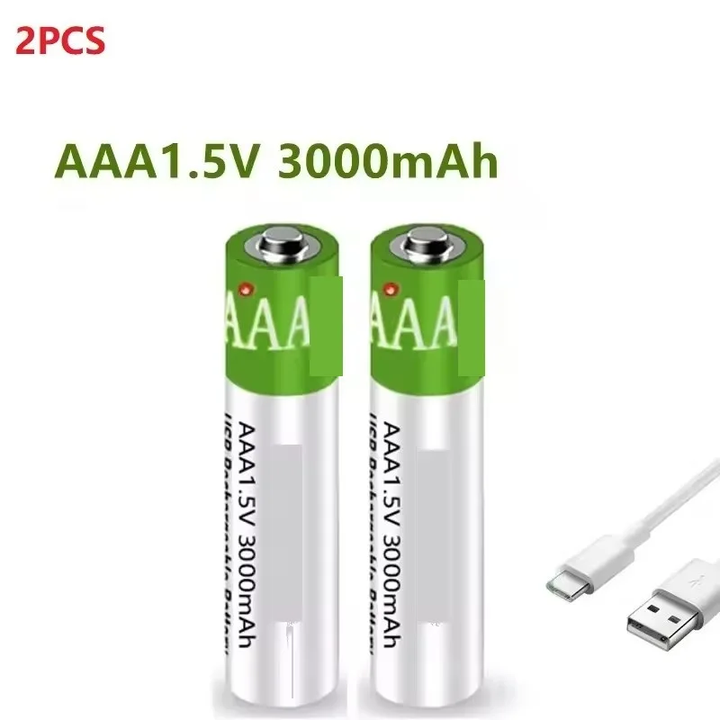 Neue wiederaufladbare USB-AAA-Batterien, 1,5 V, 3000 mAh, Li-Ionen-Akku für ferngesteuerte Maus, elektrische Spielzeugbatterie + Typ-C-Kabel