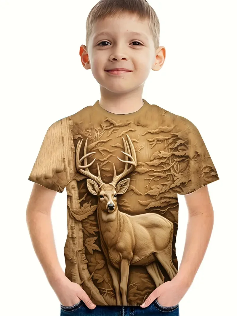 T-shirt manches courtes pour enfants, vêtement décontracté, rétro, impression 3D, mode, animal, garçon, 2024