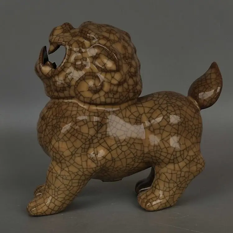 Ge Kiln Crackle Glaze Lion Porcelain Statue Chinese Antique Fu Guardian Ceramic Decor Figurine