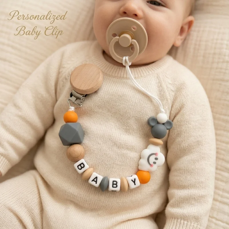 

Personalized Baby Pacifier Clip with Custom Name - Silicone & Wood Beads - Newborn Baby Shower Gift