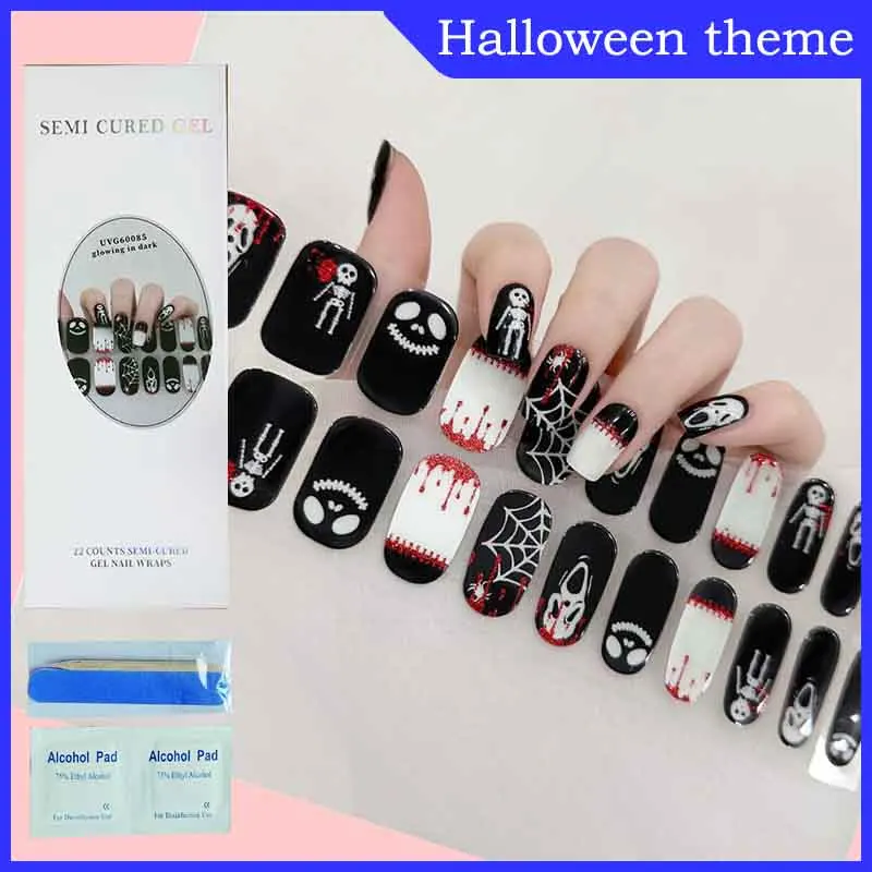 Halloween theme Manicure decorate UV Semi-cured Gel Nail Strips Spider Ghost Pumpkin Pattern Nail Stickers UV Lamp Required