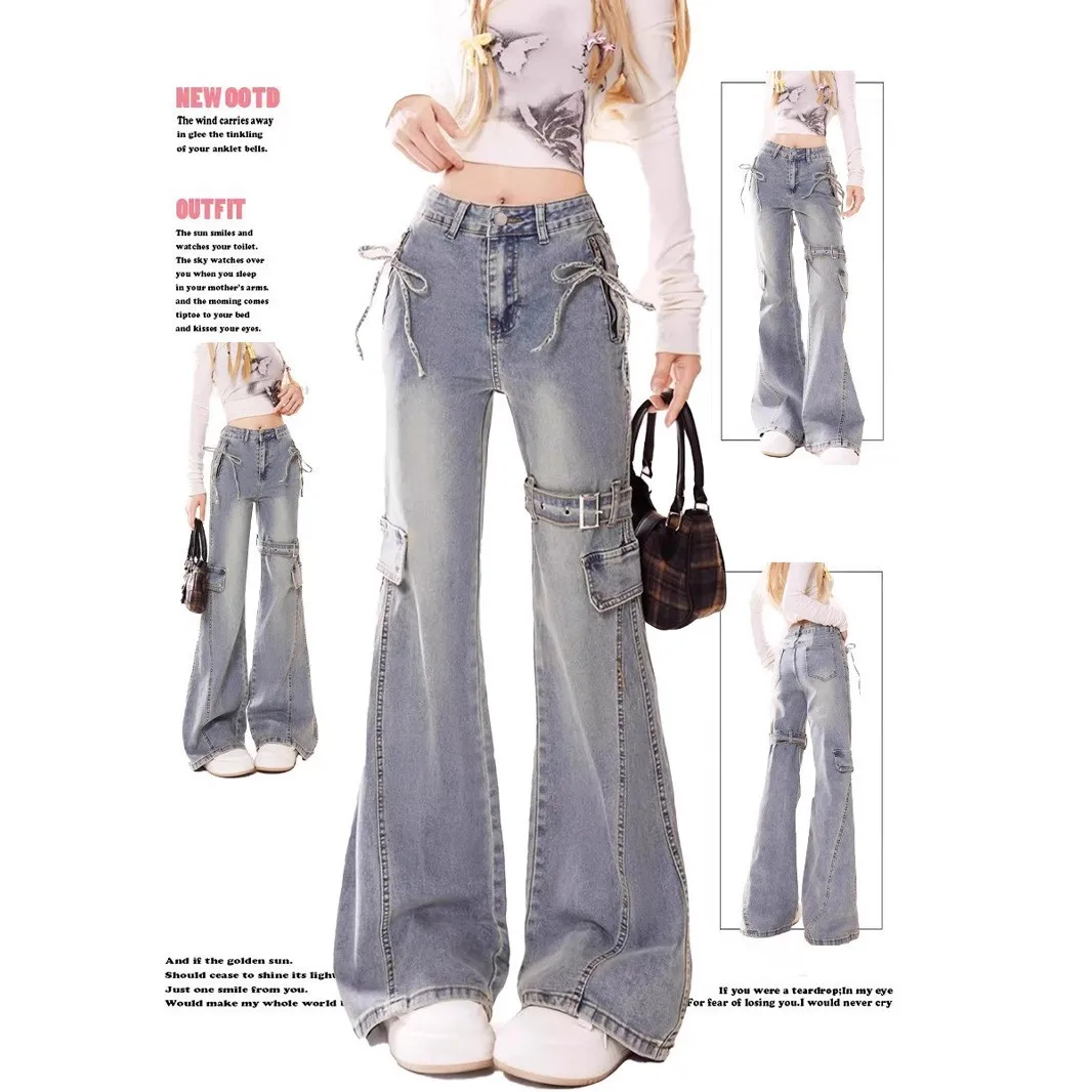 

Retro Slim Fit Denim Jeans Women's High Waist Flared Pants Knot Design Fashionable Slimming Long Trousers