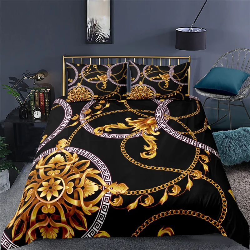 Luxury 3D Golden Baroque Style Print 3Pcs Kids Bedding Set Comfortable Duvet Cover Pillowcase Home Textile Queen and King Size