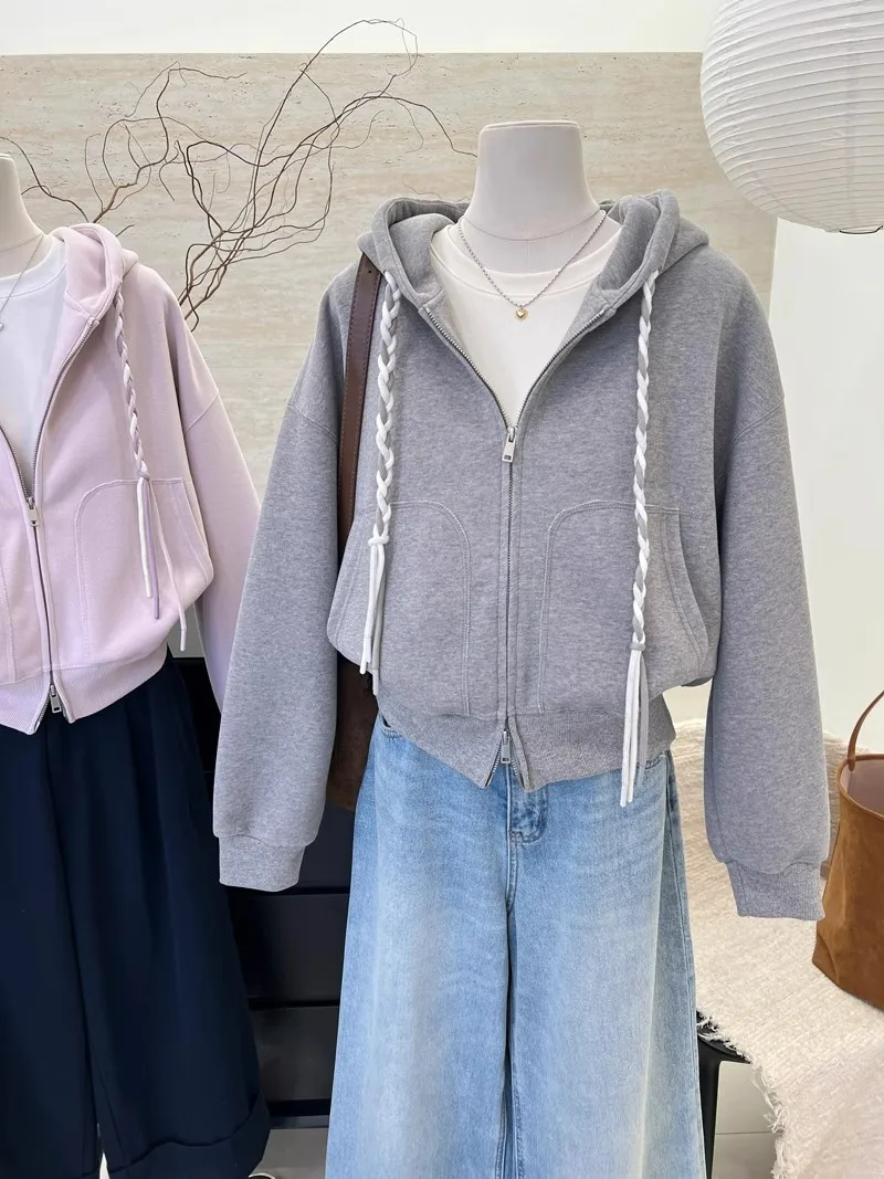 Braided Drawstring Cropped Zip Up Women's Hoodies Solid Color Long Sleeve Sweatshirt Spring Autumn Casual Jacket with Pockets