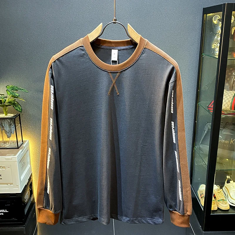 

Long sleeved T-shirt base shirt men's 2024 autumn fashion color blocking trend retro round neck loose inner sweatshirt