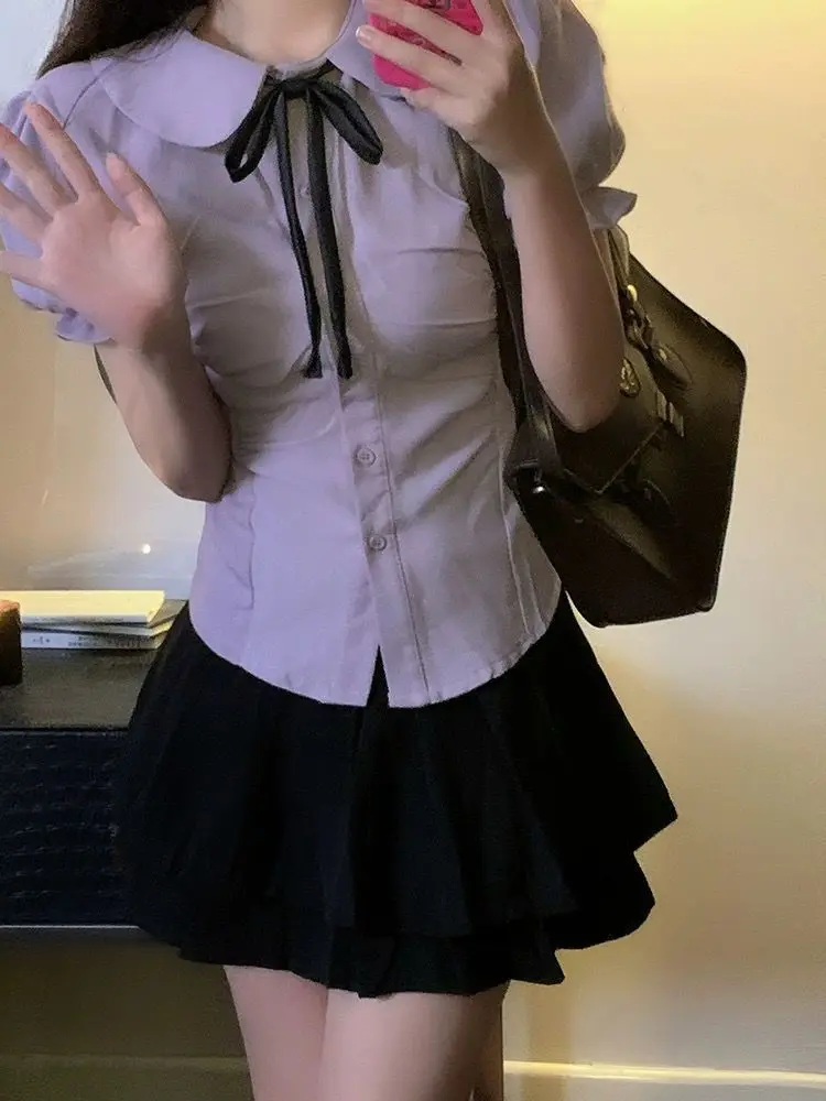 Camisas de manga curta das mulheres popeline retalhos pintuck magro ajuste camisa escola minimalista preppy namorado estudante urbano jovem