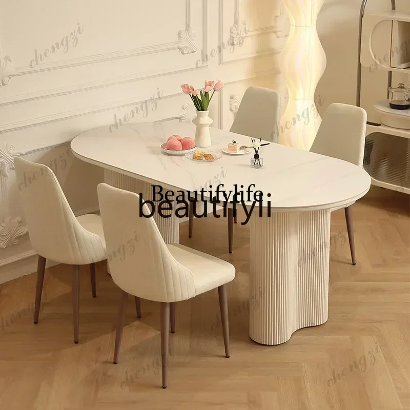 D5556 Slate dining table French oval light luxury modern minimalist wabi-sabi style dining table and chairs