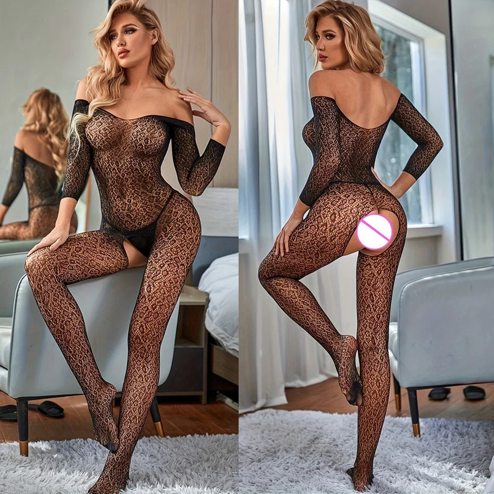 Women\'s  Mesh Bodystocking One Shoulder sexy long Sleeve Cut Out Skinny Jumpsuits Lingerie Clubwear Leopard Print